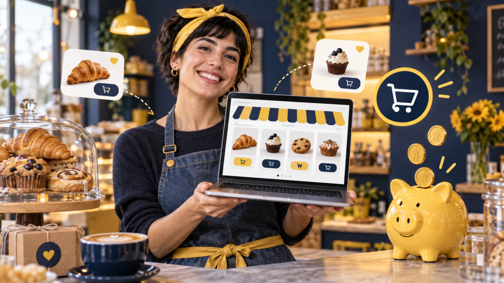 Proprietară de cofetărie arătând produsele ei în magazinul online