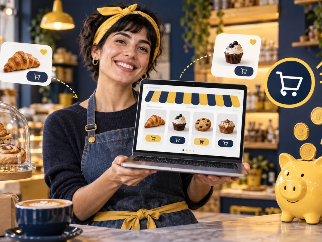Proprietară de cofetărie arătând produsele ei în magazinul online