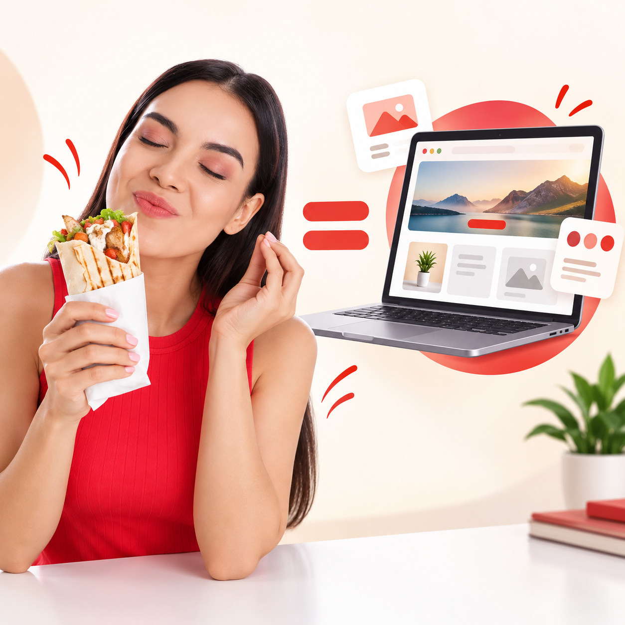 Antreprenoare mânâncă o șaorma lângă laptopul cu site-ul ei nou